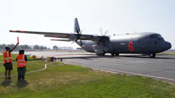 A U.S. Air National Guard C130-J Hercules from the 146th Airlift Wing prepares for takeoff during training at San Bernardino, CA, Airtanker Base on Thursday. A U.S. Air National Guard C130-J Hercules from the 146th Airlift Wing prepares for takeoff during training at San Bernardino, CA, Airtanker Base on Thursday.