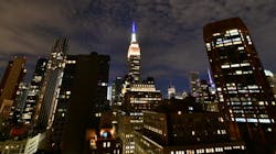 The Empire State Building will be illuminated in yellow, white and blue lights with a heartbeat effect as part of EMS Week, which runs through Sunday. The Empire State Building will be illuminated in yellow, white and blue lights with a heartbeat effect as part of EMS Week, which runs through Sunday.