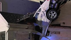 No one was injured when a car careened down and embankment and crashed through the roof of a Eureka, MO, home early Sunday. No one was injured when a car careened down and embankment and crashed through the roof of a Eureka, MO, home early Sunday.