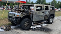 A Hummer caught fire after the driver filled four 5-gallon gas cans at a Homosassa, FL, station Wednesday. A Hummer caught fire after the driver filled four 5-gallon gas cans at a Homosassa, FL, station Wednesday.