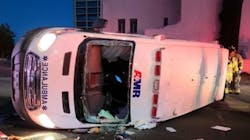 Two American Medical Response EMTs were injured when their ambulance rolled over after it was struck by an alleged drunk driver who ran a stop sign in Las Cruces, NM, on Thursday. Two American Medical Response EMTs were injured when their ambulance rolled over after it was struck by an alleged drunk driver who ran a stop sign in Las Cruces, NM, on Thursday.