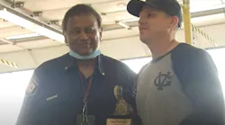 Las Vegas Battalion Chief Lawrence Wickliffe (left) receives his retirement badge during a ceremony in April.