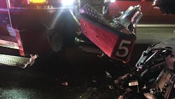 Lewisville, TX, Fire Department&apos;s Engine 5 was responding to a previous accident when it was struck on the passenger side by another vehicle early Sunday.