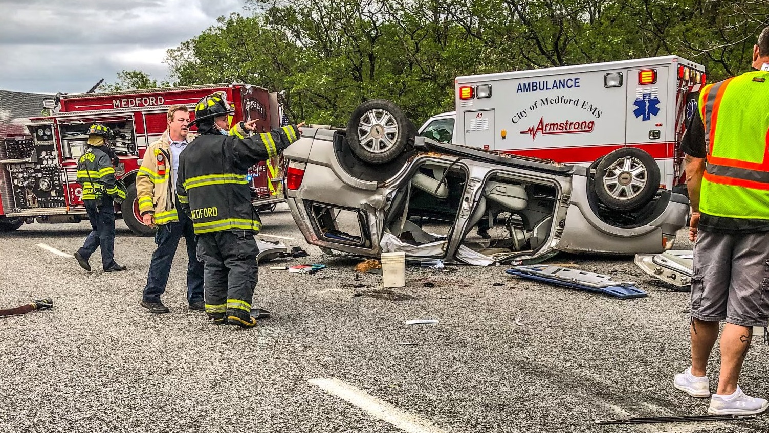 Medford, MA, firefighters used the Jaws of Life to rescue two people in a rollover crash Sunday.