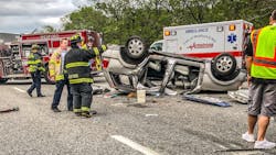 Medford, MA, firefighters used the Jaws of Life to rescue two people in a rollover crash Sunday. Medford, MA, firefighters used the Jaws of Life to rescue two people in a rollover crash Sunday.