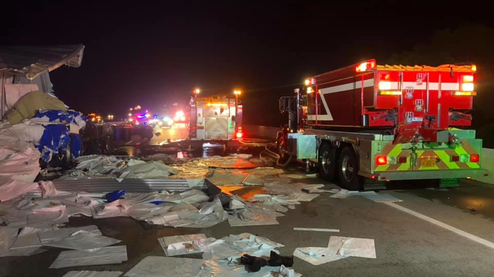 A tractor-trailer crashed into three Miller's Ferry, NC, fire apparatus at the scene of a previous accident along Interstate 85 in Rowan County in August 2020.