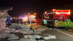 A tractor-trailer crashed into three Miller's Ferry, NC, fire apparatus at the scene of a previous accident along Interstate 85 in Rowan County in August 2020.
