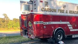 A Prince George County, VA, apparatus sustained severe damage when it was struck at a previous accident scene Wednesday by a car, killing the car's driver instantly. A Prince George County, VA, apparatus sustained severe damage when it was struck at a previous accident scene Wednesday by a car, killing the car's driver instantly.