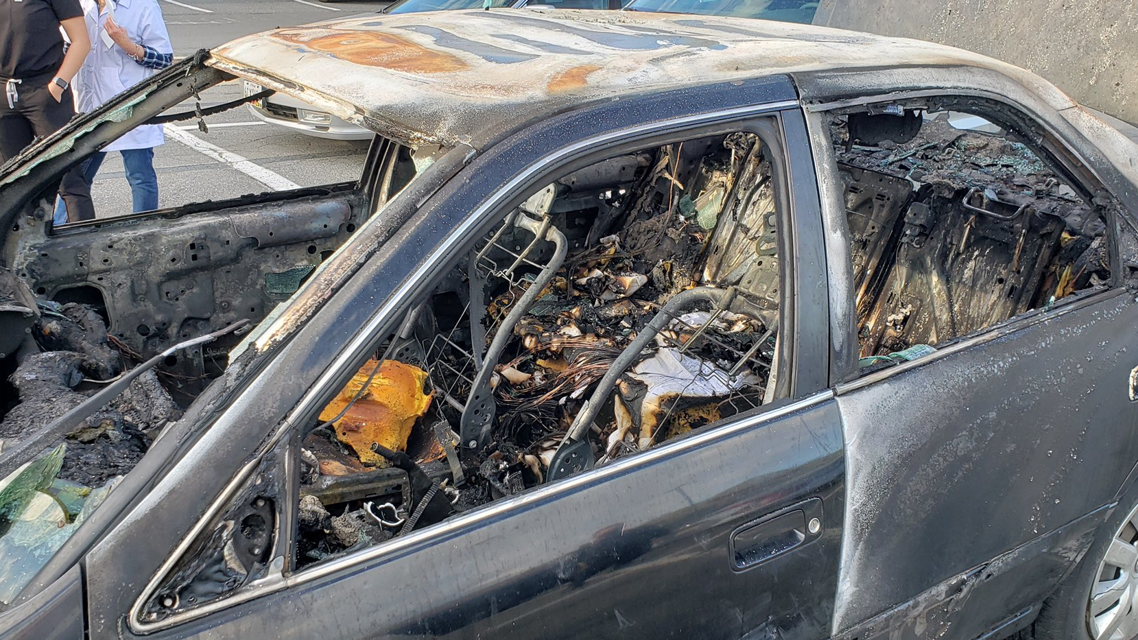 A car in a Rockville, MD, parking lot caught fire Thursday after the driver used hand sanitizer while smoking.