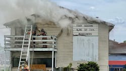 A Springfield, IL, firefighter was injured by a falling ceiling while battling a fire at a former sports and recreation complex Monday. A Springfield, IL, firefighter was injured by a falling ceiling while battling a fire at a former sports and recreation complex Monday.