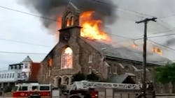 Philadelphia firefighters battled a two-alarm fire that destroyed a vacant church in Tacony on Sunday. Philadelphia firefighters battled a two-alarm fire that destroyed a vacant church in Tacony on Sunday.