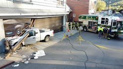 Two people were injured when the pickup truck they were in crashed into a the Tri-Towns EMS station in Westernport, MD, on Saturday. Two people were injured when the pickup truck they were in crashed into a the Tri-Towns EMS station in Westernport, MD, on Saturday.