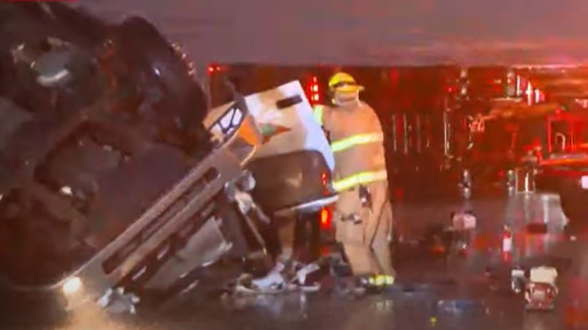 At least three tractor-trailers were involved in a major traffic accident Monday as damaging thunderstorms tore through Waxahachie, TX, and other parts of the state.
