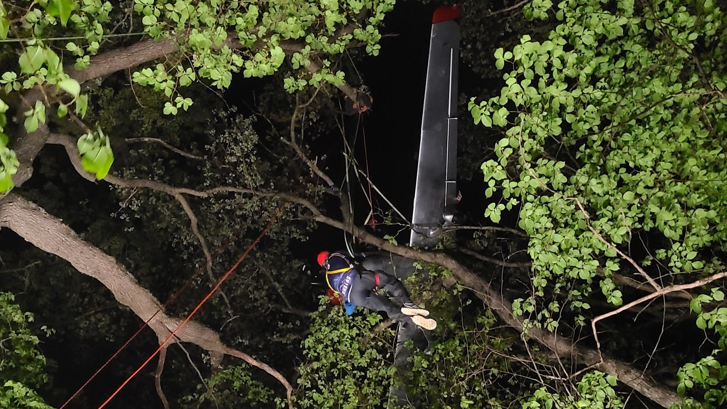 Whitewater, WI, firefighters used a rope system to rescue three people suspended 75 feet above the ground when their plane crashed in the Kettle Moraine Forest on Saturday.