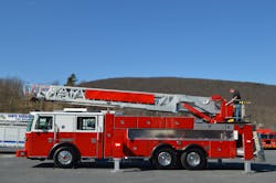 During the final inspection on this rear-mount aerial ladder, the operational testing included confirmation of the operational parameters of the collision-avoidance system. After adjustments, the elevation angle to clear the cradle was lowered to improve rotational clearance. During the final inspection on this rear-mount aerial ladder, the operational testing included confirmation of the operational parameters of the collision-avoidance system. After adjustments, the elevation angle to clear the cradle was lowered to improve rotational clearance.