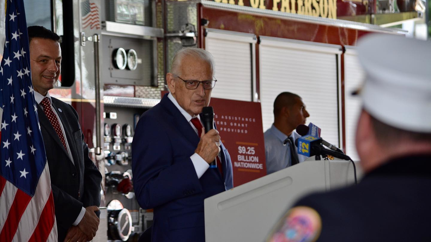 U.S. Rep. Bill Pascrell Jr. (D-NJ) speaks to firefighters and chiefs from around New Jersey at an event celebrating the 20th anniversary of the Assistance to Firefighters Grant program at the Paterson Fire Department's headquarters Monday.