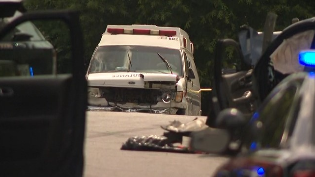 A mother and 5-year-old child were seriously injured when their car collided head-on with a private ambulance in Atlanta on Tuesday.