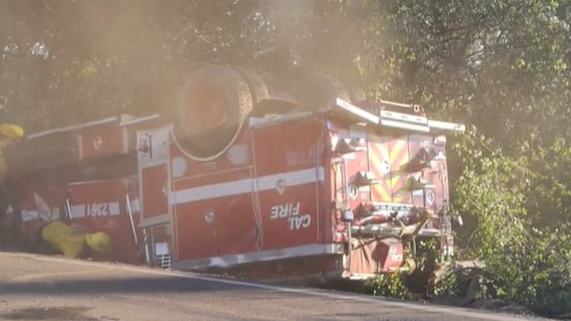 A CAL FIRE NEU apparatus overturned as it was headed to a call in Auburn on Thursday.
