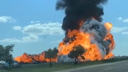 A burning fuel tanker was caught on video as it exploded near Crowell, TX, on Sunday.