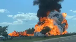 A burning fuel tanker was caught on video as it exploded near Crowell, TX, on Sunday.