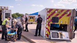 Three medics were injured when their MedStar ambulance rolled over after a collided with the unit in Fort Worth, TX, on Sunday. Three medics were injured when their MedStar ambulance rolled over after a collided with the unit in Fort Worth, TX, on Sunday.