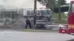 A Heidlersburg, PA, Volunteer Fire Company apparatus caught fire while supplying water at a fill site during a massive four-alarm fire at a scrapyard near Gettysburg on Monday. A Heidlersburg, PA, Volunteer Fire Company apparatus caught fire while supplying water at a fill site during a massive four-alarm fire at a scrapyard near Gettysburg on Monday.