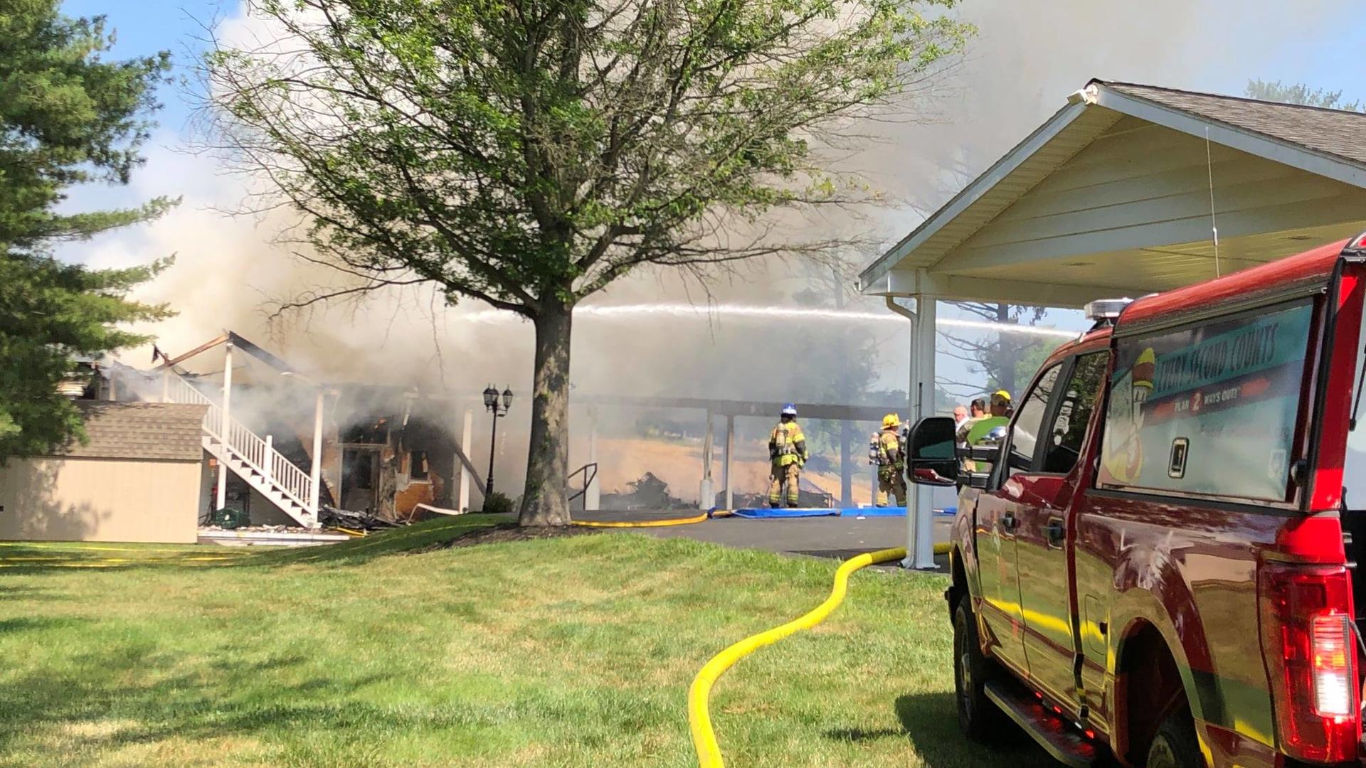 A firefighter was seriously burned and airlifted to the hospital after battling a two-alarm fire that broke out in a garage with an unoccupied apartment above it in Hagerstown, MD, on Tuesday.