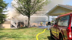 A firefighter was seriously burned and airlifted to the hospital after battling a two-alarm fire that broke out in a garage with an unoccupied apartment above it in Hagerstown, MD, on Tuesday. A firefighter was seriously burned and airlifted to the hospital after battling a two-alarm fire that broke out in a garage with an unoccupied apartment above it in Hagerstown, MD, on Tuesday.