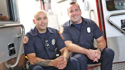 Hanover, MA, firefighter/paramedics Sebastian Rivas and Jonathan Pelletier delivered a baby boy, Noah, in their ambulance on Father&apos;s Day.