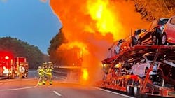 Hope, PA, firefighters led a response to put out a car-carrier fire along Interstate 80 early Thursday. Hope, PA, firefighters led a response to put out a car-carrier fire along Interstate 80 early Thursday.