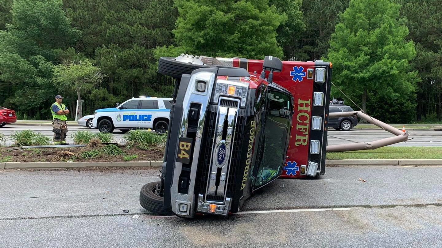 A Horry County, SC, Fire Rescue ambulance was involved in a two-vehicle rollover accident in Myrtle Beach on Monday.