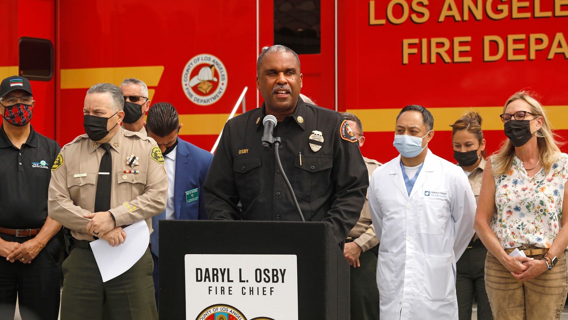 Los Angeles County Fire Chief Daryl Osby talks to reporters after the fatal shooting of a firefighter at the department's Agua Dulce station Tuesday.
