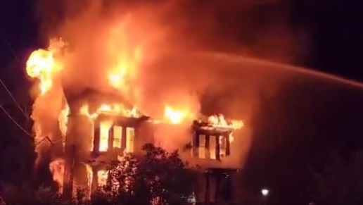 A Northwood, NH, firefighter suffered burns battling a three-alarm house fire Thursday.