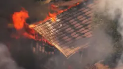 A two-alarm fire collapsed two Pleasant Hills, CA, homes and burned a Contra Costa County firefighter Monday. A two-alarm fire collapsed two Pleasant Hills, CA, homes and burned a Contra Costa County firefighter Monday.
