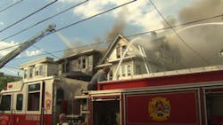 Revere, MA, firefighters battled brutal heat and humidity along with a massive seven-alarm residential blaze Tuesday. Revere, MA, firefighters battled brutal heat and humidity along with a massive seven-alarm residential blaze Tuesday.