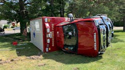 Two Rockford, IL, Fire Department EMS workers suffered minor injuries when their ambulance was struck by another vehicle while the medics were responding to an emergency Monday. Two Rockford, IL, Fire Department EMS workers suffered minor injuries when their ambulance was struck by another vehicle while the medics were responding to an emergency Monday.