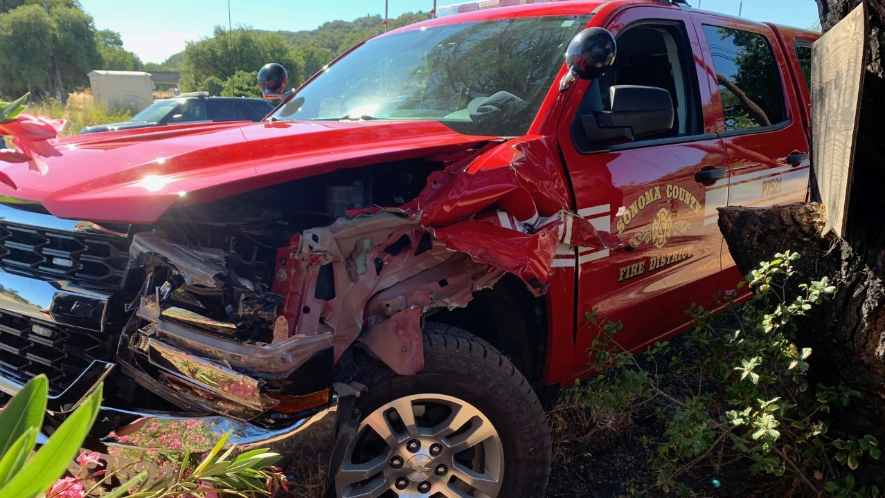 A Sonoma County, CA, Fire District pickup truck sustained severe damage after a man allegedly stole the unattended vehicle from a Windsor fire station Thursday.