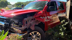 A Sonoma County, CA, Fire District pickup truck sustained severe damage after a man allegedly stole the unattended vehicle from a Windsor fire station Thursday.