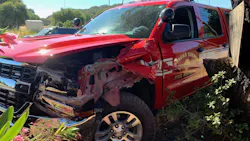 A Sonoma County, CA, Fire District pickup truck sustained severe damage after a man allegedly stole the unattended vehicle from a Windsor fire station Thursday.