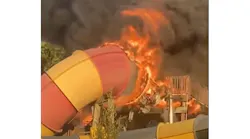 Vernon Township, NJ, firefighters battled a large fire that engulfed and heavily damaged a raft water slide at Mountain Creek Water Park on Tuesday.