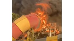 Vernon Township, NJ, firefighters battled a large fire that engulfed and heavily damaged a raft water slide at Mountain Creek Water Park on Tuesday. Vernon Township, NJ, firefighters battled a large fire that engulfed and heavily damaged a raft water slide at Mountain Creek Water Park on Tuesday.