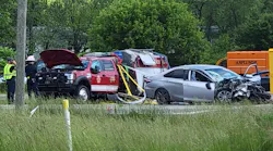 Three West Licking, OH, firefighters and a civilian were injured when a car collided with an apparatus headed to another emergency in Pataskala on Saturday.