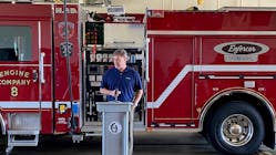 Pierce President Jim Johnson shares the news about the Volterra fire apparatus Monday.