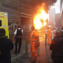 A fiery explosion erupted during a blaze near the Elephant and Castle station in south London on Monday as roughly 100 London firefighters battled the flames. A fiery explosion erupted during a blaze near the Elephant and Castle station in south London on Monday as roughly 100 London firefighters battled the flames.