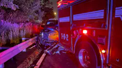 A North Babylon, NY, firefighter was injured when a vehicle struck the back of an apparatus at the scene of a previous accident early Sunday.