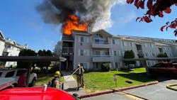 Two Spokane Valley, WA, firefighters were injured battling a large apartment fire Thursday. Two Spokane Valley, WA, firefighters were injured battling a large apartment fire Thursday.
