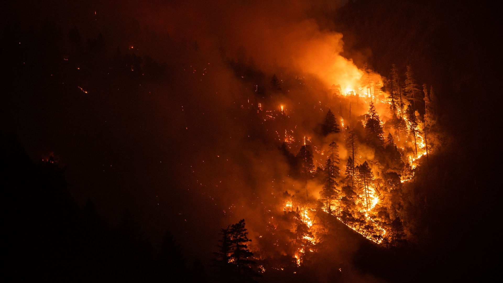 The Dixie Fire blazes off Highway 70 on July 21, 2021, in Plumas County, CA.