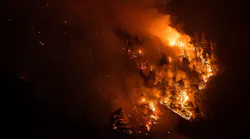 The Dixie Fire blazes off Highway 70 on July 21, 2021, in Plumas County, CA.