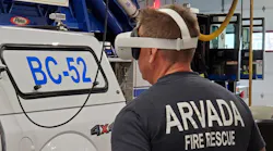 An Arvada, CO, Fire Rescue member uses virtual reality goggles to participate in a study to see the effectiveness of VR in training of EMS workers, especially in assessing pediatric emergencies.