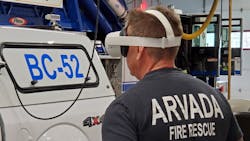 An Arvada, CO, Fire Rescue member uses virtual reality goggles to participate in a study to see the effectiveness of VR in training of EMS workers, especially in assessing pediatric emergencies.